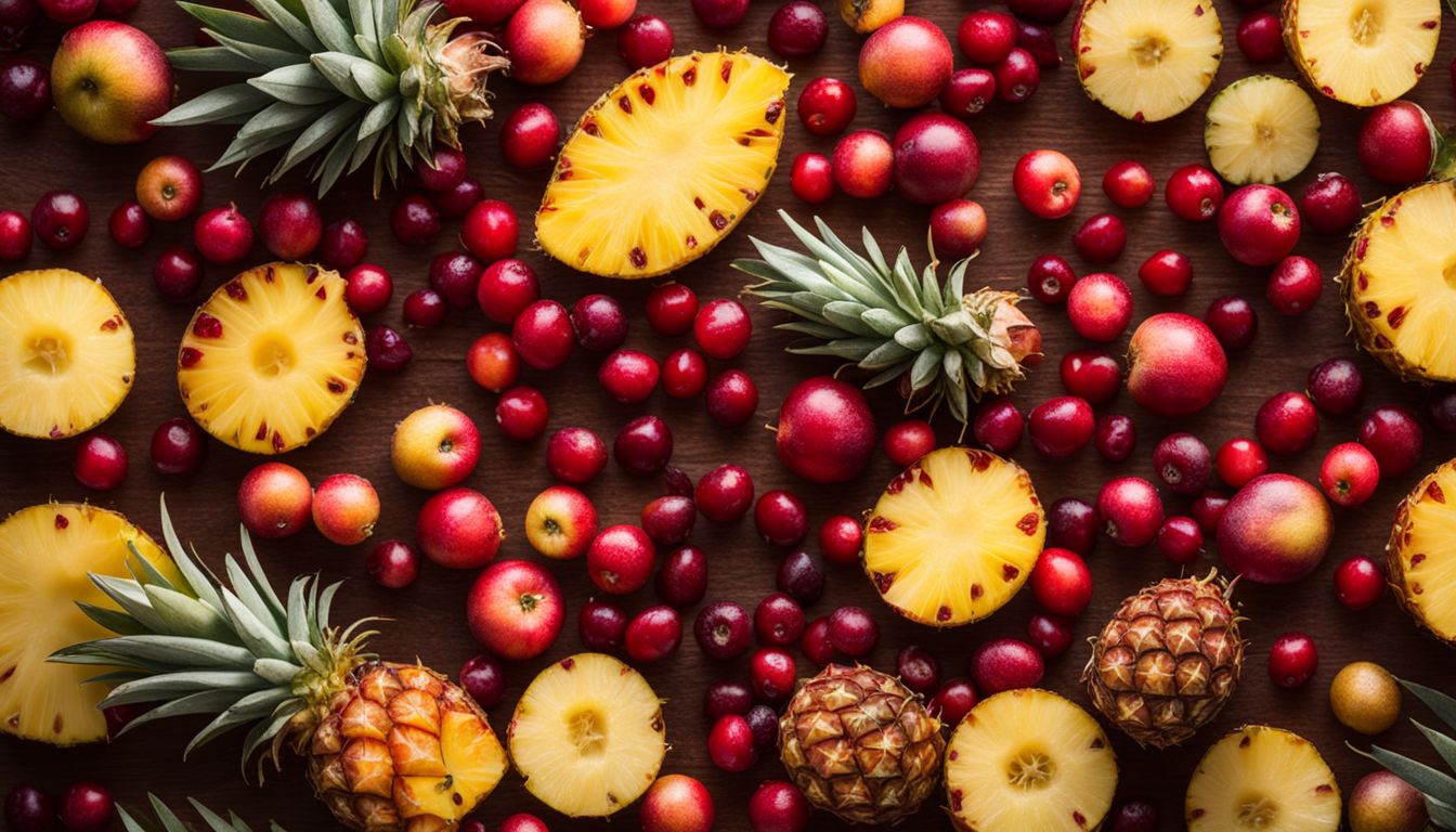 A vibrant arrangement of fresh cranberries and pineapple slices.