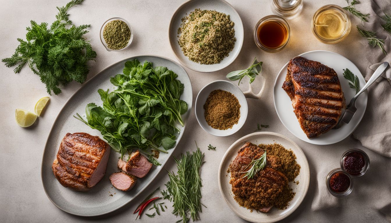 An array of spices and herbs placed next to seasoned pork chops.