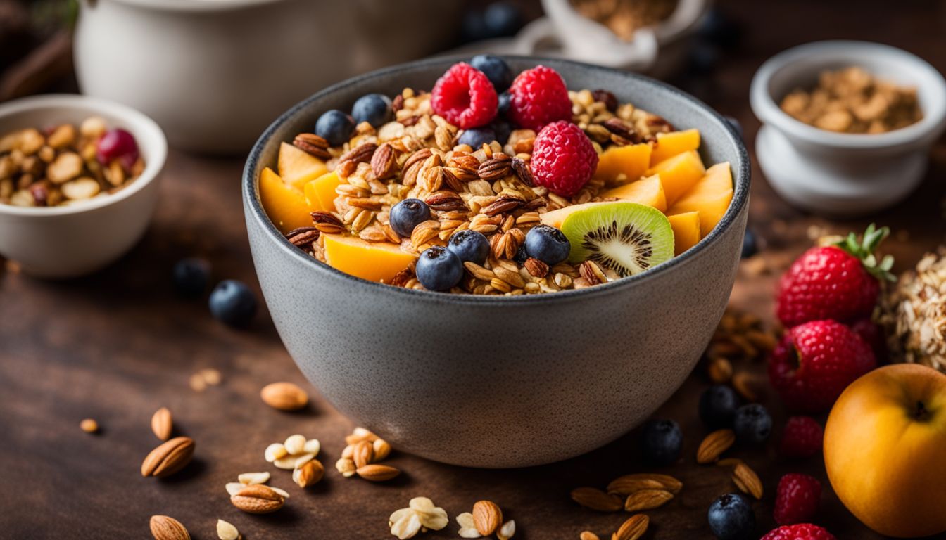 A vibrant and diverse bowl of nut-free granola surrounded by fruits and seeds.