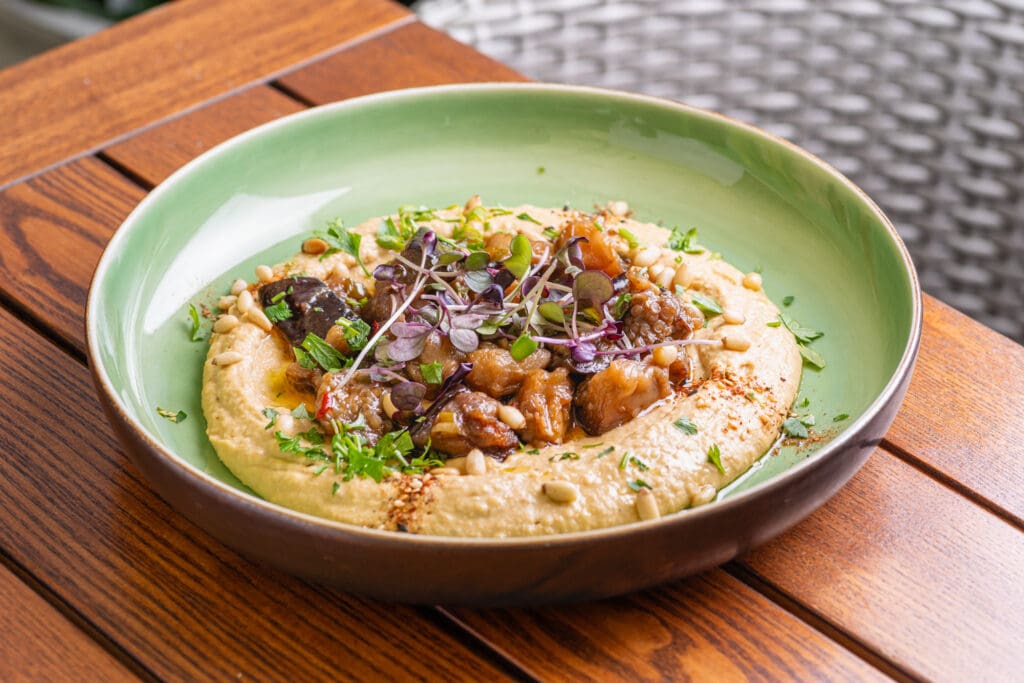 Hummus With Warm Eggplant In Sweet Chilli Sauce Healthy Vegan Food Israeli Cuisine
