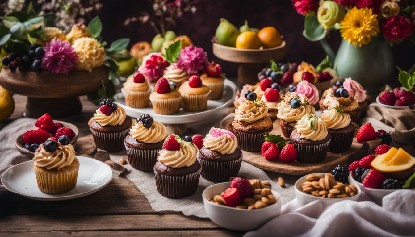 A platter of vegan and nut-free cupcakes surrounded by colorful fruits and flowers.