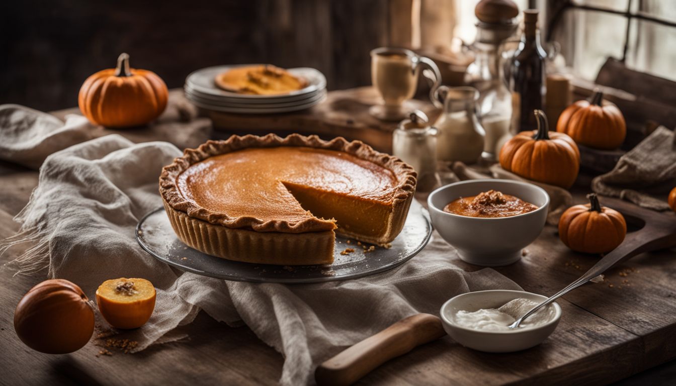 A photo of ingredients for an egg-free pumpkin pie on a rustic wooden table.