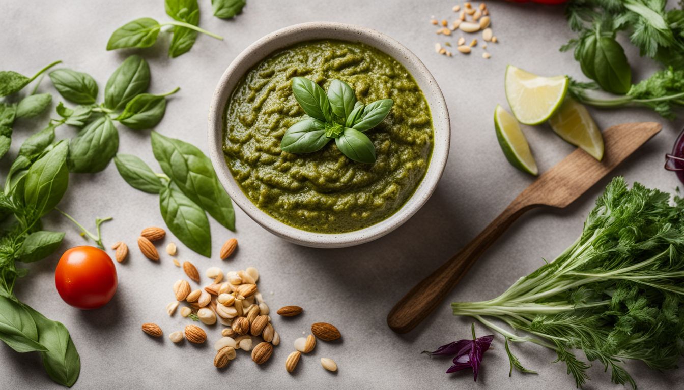 A bowl of vegan nut-free pesto surrounded by fresh herbs and vegetables.