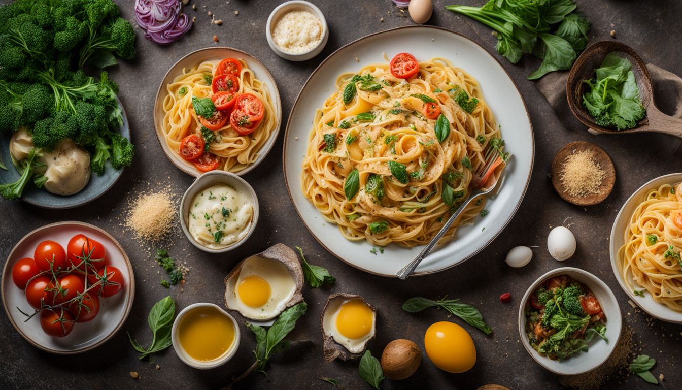 A vibrant and delicious array of egg-free pasta dishes and fresh vegetables.