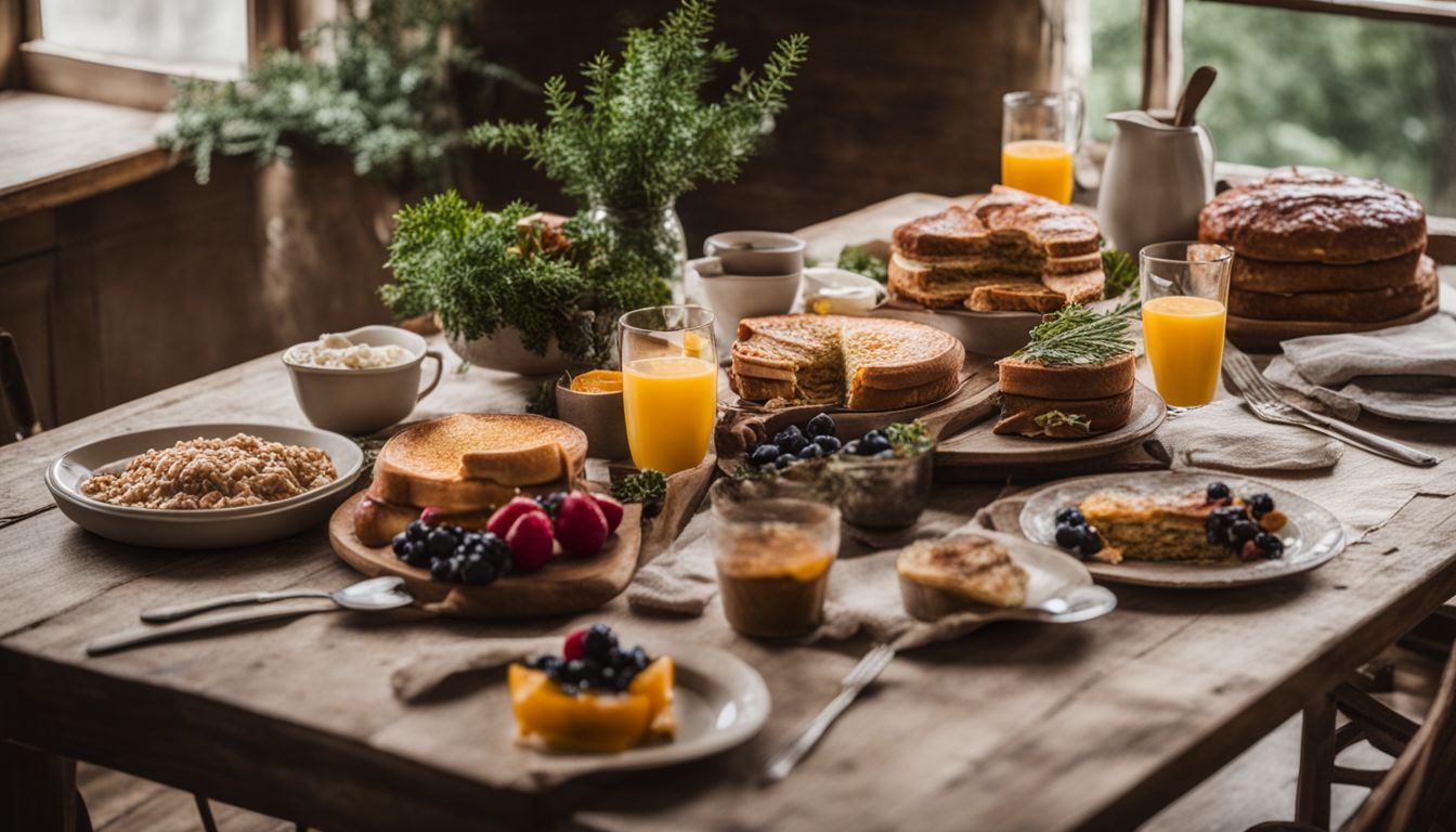 A rustic breakfast table with plant-based options.