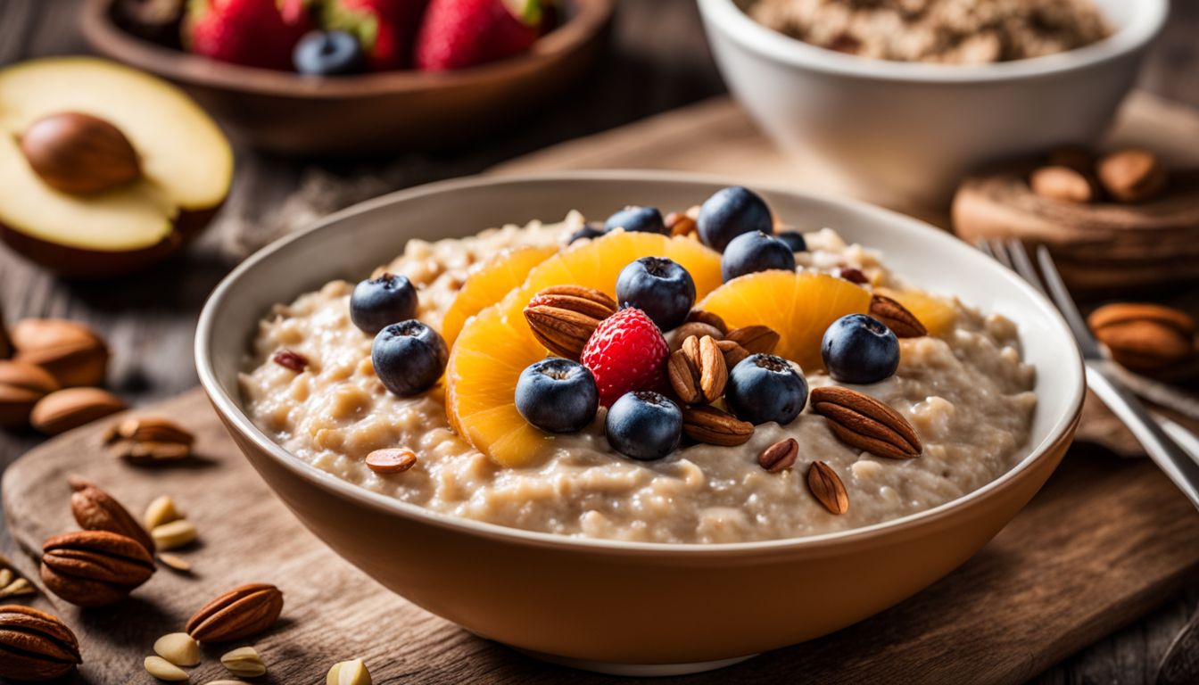 A bowl of dairy-free oatmeal topped with fresh fruits and nuts.