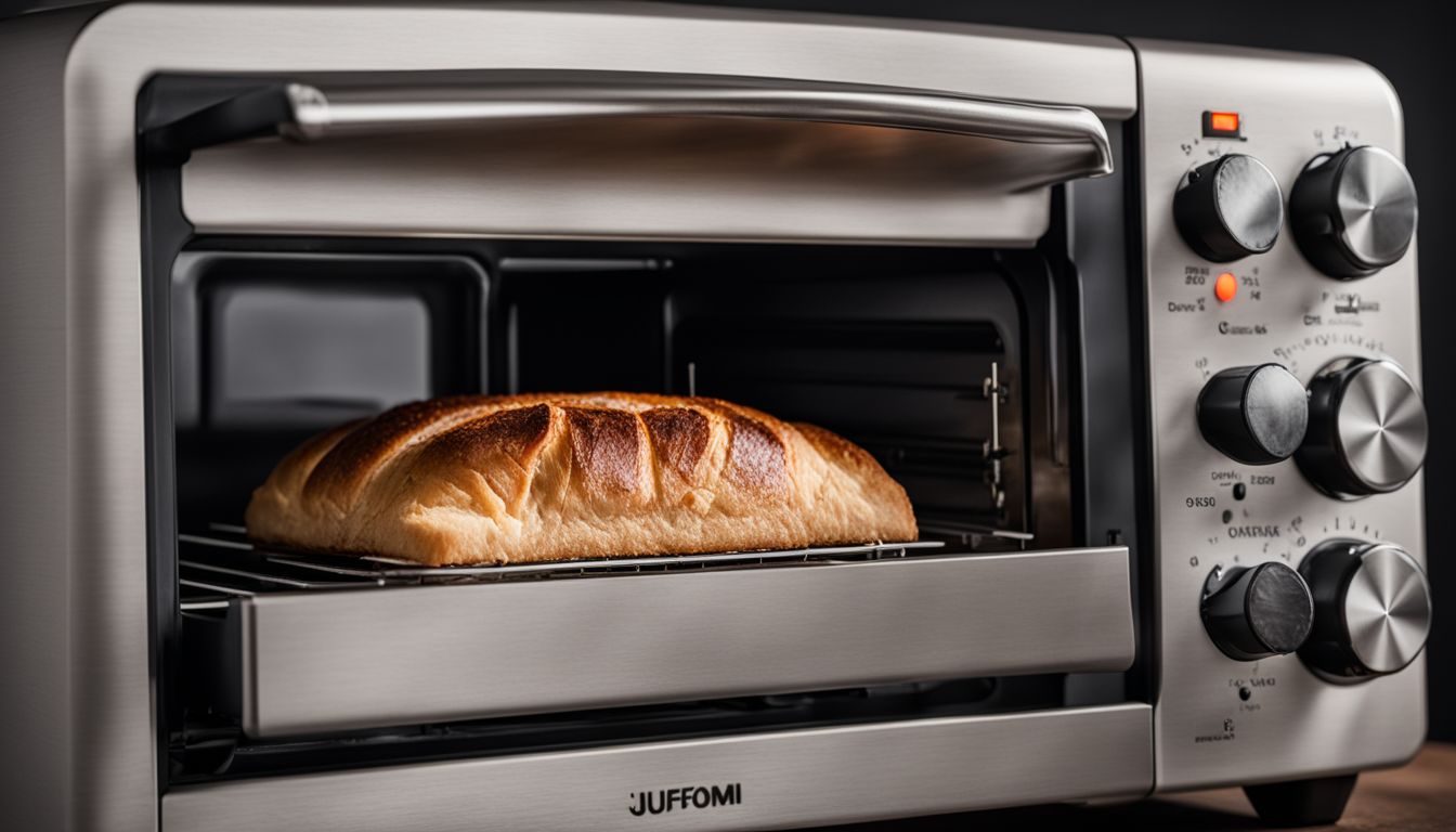 A slice of bread toasting in a toaster oven with a timer.