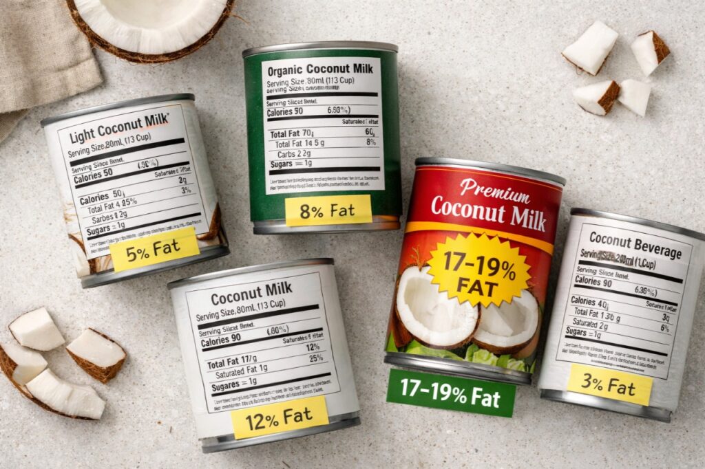 Top-down shot of different coconut milk tins with nutrition labels visible, highlighting fat content percentages. One tin marked &lsquo;17&ndash;19% fat&rsquo; stands out. Clean kitchen surface, informative editorial style.