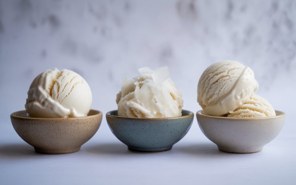 Three small bowls of coconut ice cream showing common issues: rock-hard texture, icy crystals, and smooth creamy result. Neutral background, comparison-style layout.