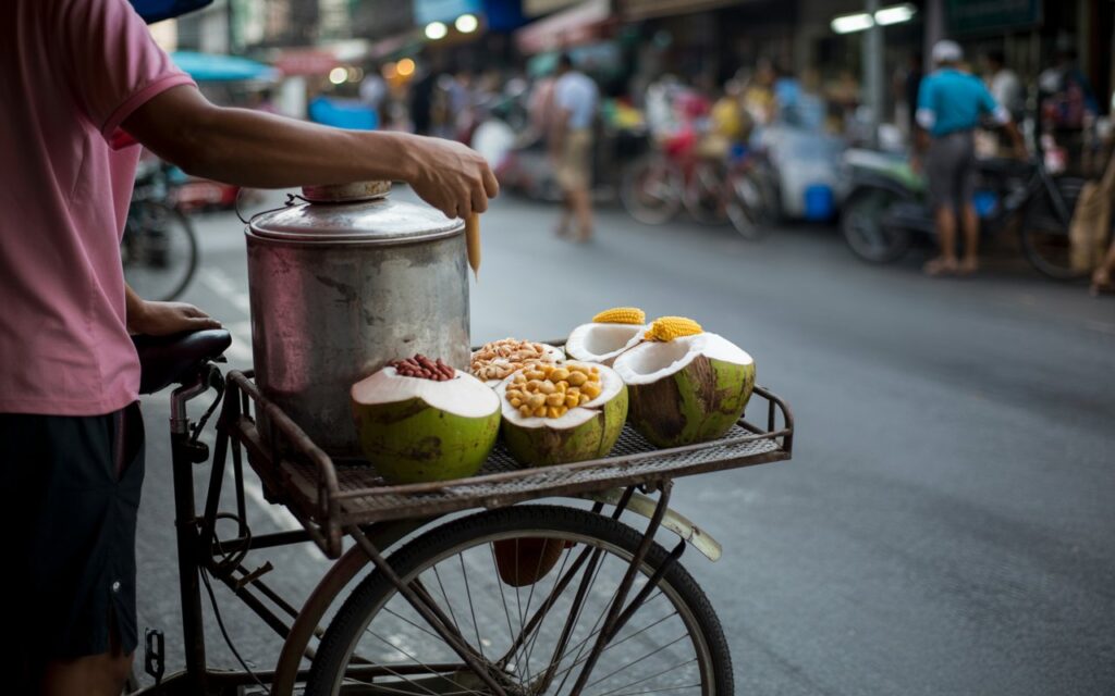 A Bangkok street food vendor preparing traditional Thai coconut ice cream (itim kati) from a metal canister on a bicycle cart. Coconut shells used as bowls, topped with peanuts and sweet corn. Busy street background, warm tones, documentary-style food photography.