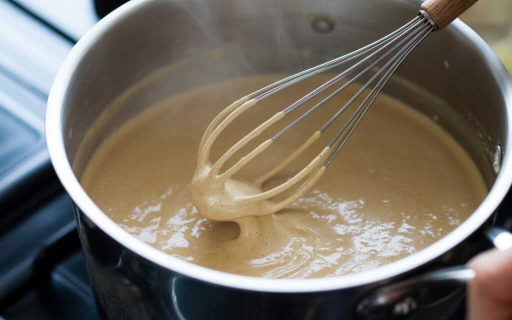 Coconut ice cream base thickening in a saucepan, being whisked gently, coating the back of a spoon. Warm steam visible, close-up instructional shot.