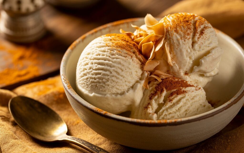 Caribbean: Nutmeg-spiced coconut ice cream topped with toasted coconut and cinnamon, warm tones.