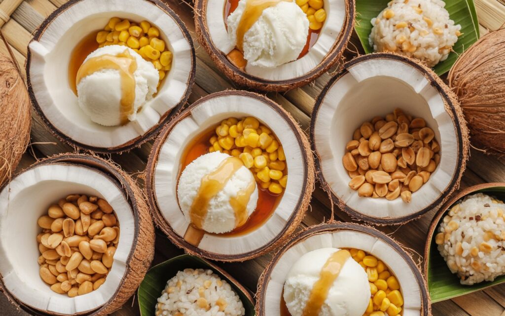 Traditional Thai coconut ice cream served in coconut shells with peanuts, sweet corn, palm sugar syrup and sticky rice on the side. Overhead shot, cultural presentation.