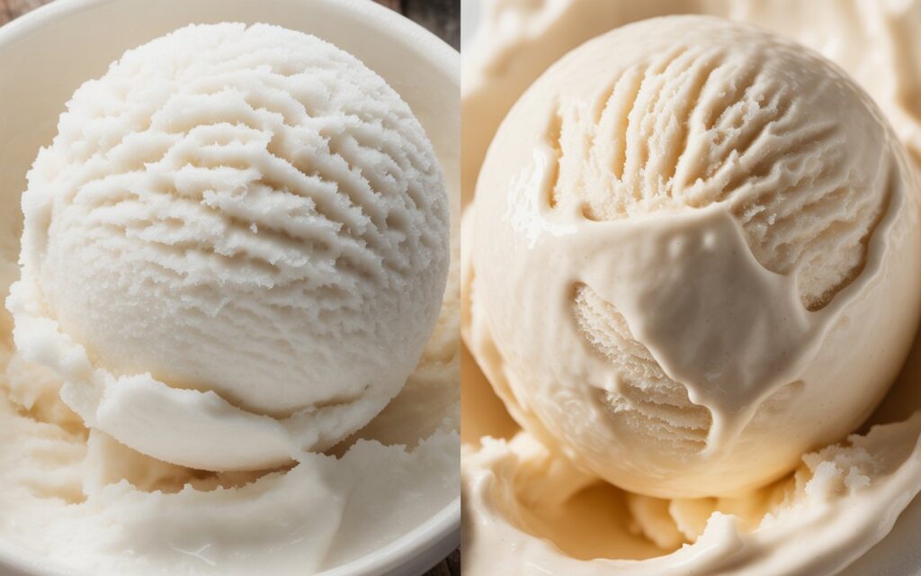Close-up comparison of icy coconut ice cream versus smooth, creamy coconut ice cream. One scoop shows visible ice crystals, the other is silky and glossy. Clean studio background, educational food photography.