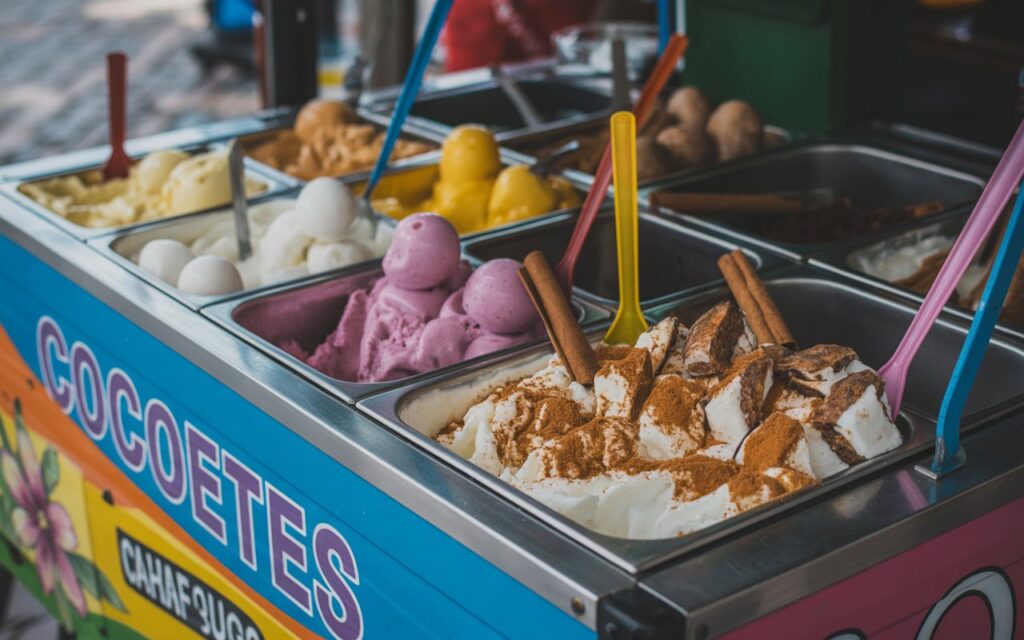 A colourful Filipino sorbetes cart with tubs of coconut ice cream, mango and ube flavours visible. A Caribbean-inspired variation beside it with nutmeg, cinnamon sticks and toasted coconut. Vibrant colours, cultural street food atmosphere, natural daylight.