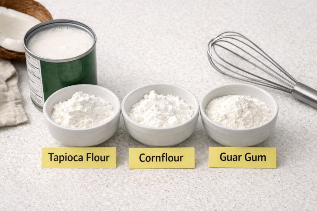 Small bowls containing tapioca flour, cornflour, and guar gum powder, labelled and arranged neatly. Coconut milk and a whisk nearby. Neutral background, instructional food styling.