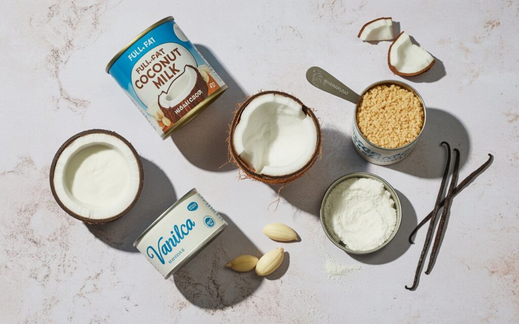 Flat lay of coconut ice cream ingredients: full-fat coconut milk tins, caster sugar, tapioca flour, vanilla pods, sea salt. Minimalist layout on a light stone surface, natural shadows, recipe editorial style.