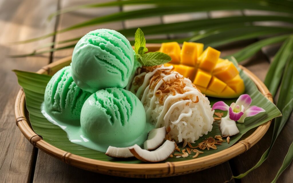 Asian-Inspired: Pandan coconut ice cream with bright green colour, served with mango and sticky rice, tropical plating.