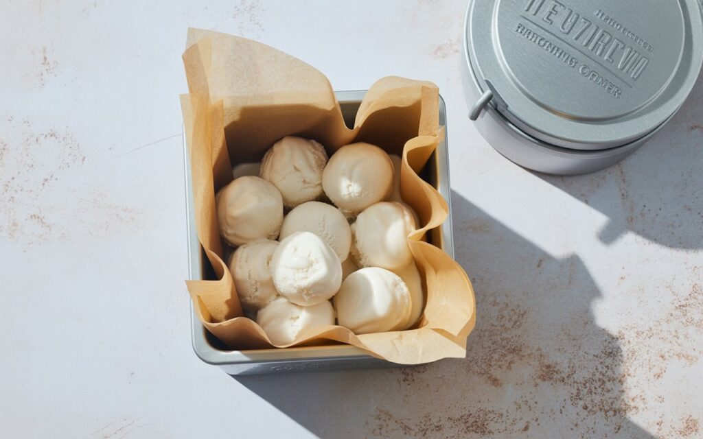 Airtight container of coconut ice cream in a freezer, parchment paper pressed directly on the surface. Clean, instructional kitchen photography.