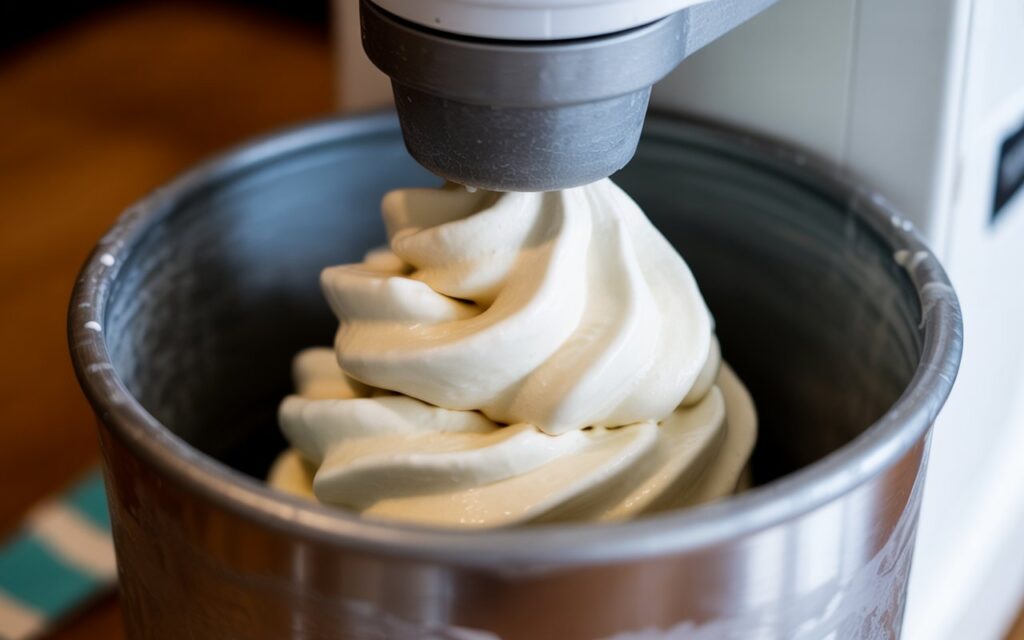 Creamy coconut ice cream churning in an ice cream maker, soft-serve texture forming. Clean kitchen environment, motion captured naturally.