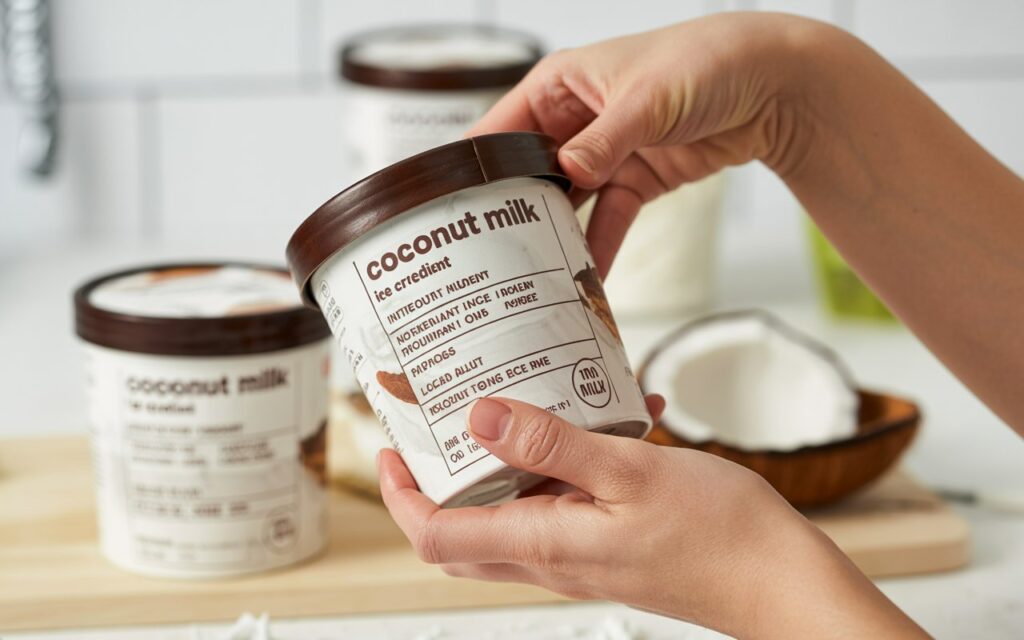 Close-up shot of hands holding a coconut ice cream tub, focusing on the ingredient label. &ldquo;Coconut milk&rdquo; appears clearly as the first ingredient. Other ingredient lists blurred in the background for comparison. Bright, instructional food photography with a clean kitchen setting.
