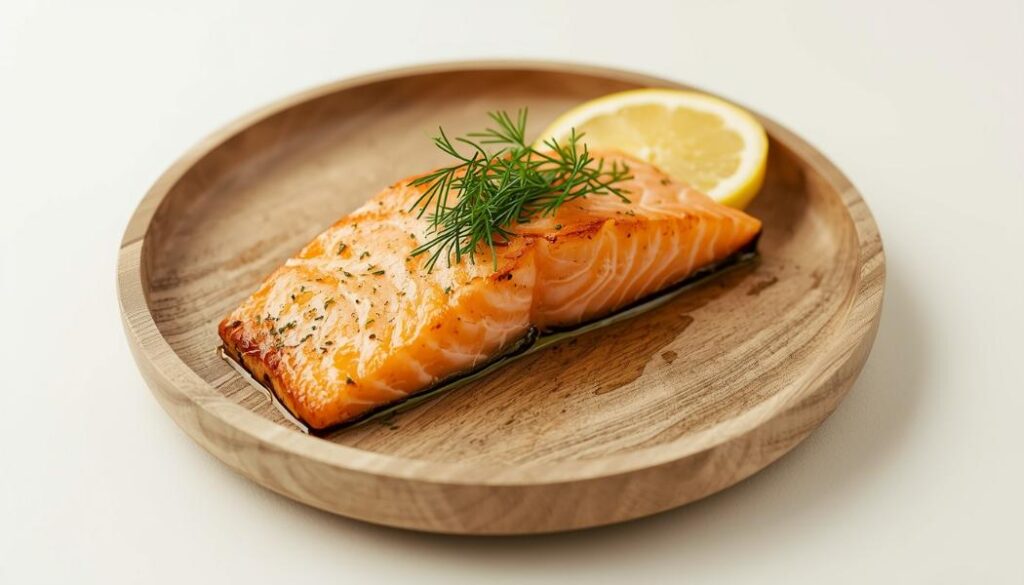 A dairy-free salmon recipe featuring a cooked salmon fillet garnished with fresh dill, served on a wooden plate with a lemon slice.