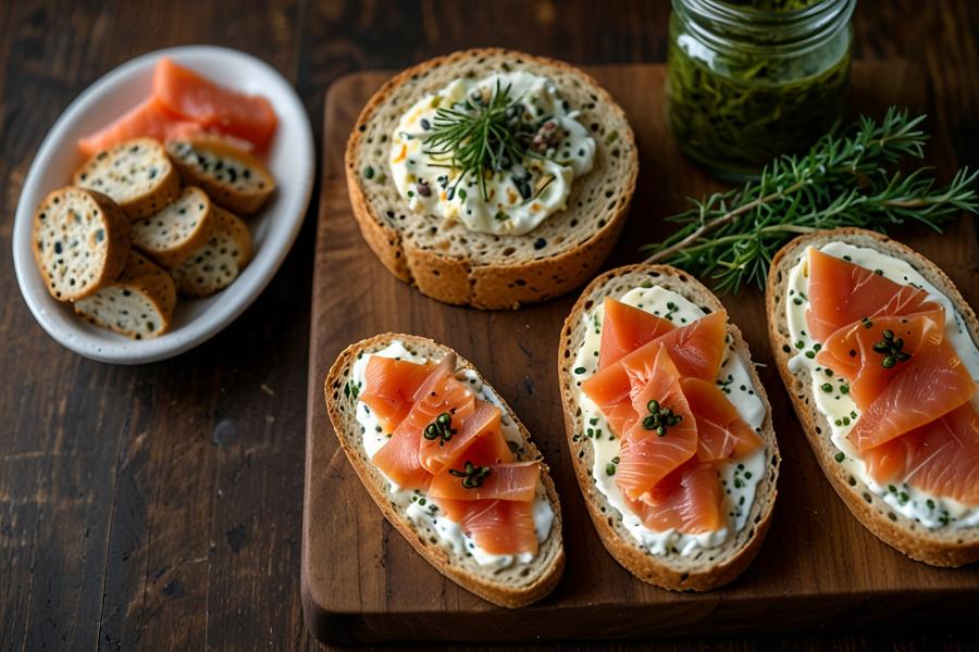 Three slices of bread topped with cream cheese, smoked salmon, and herbs on a wooden board; a jar of green spread and extra bread nearby make this a simple yet elegant salmon recipe.