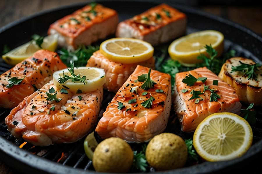 Several seasoned salmon fillets are grilled with lemon slices and fresh herbs in this dairy-free salmon recipe, accompanied by small potatoes on a grill pan.