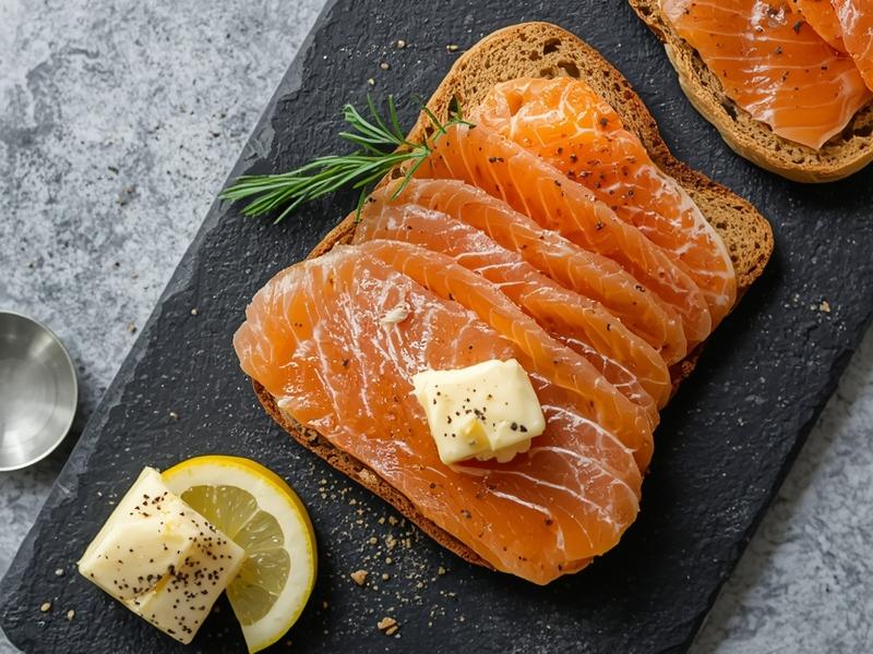 Slices of smoked salmon on whole grain toast, garnished with rosemary and served with lemon on a dark slate board&mdash;a simple yet elegant salmon recipe perfect for brunch or as a light appetizer.