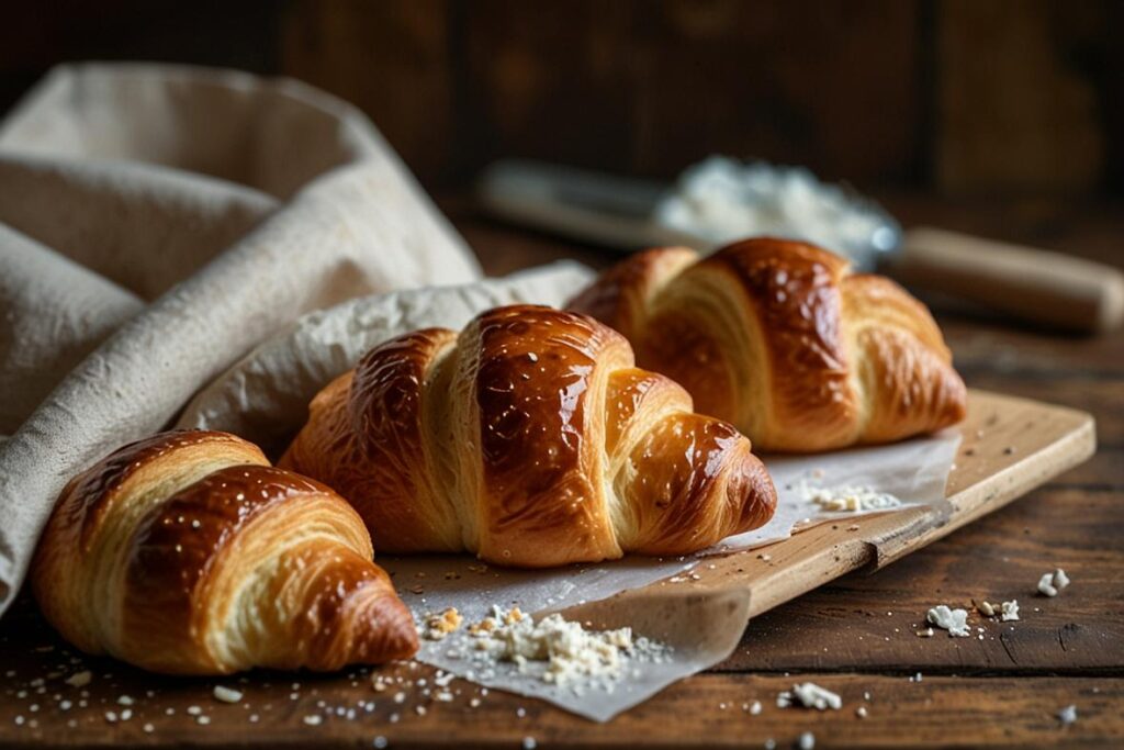 Three golden brown gluten-free croissants rest on parchment paper atop a wooden board, with crumbs scattered around and a beige cloth nearby.