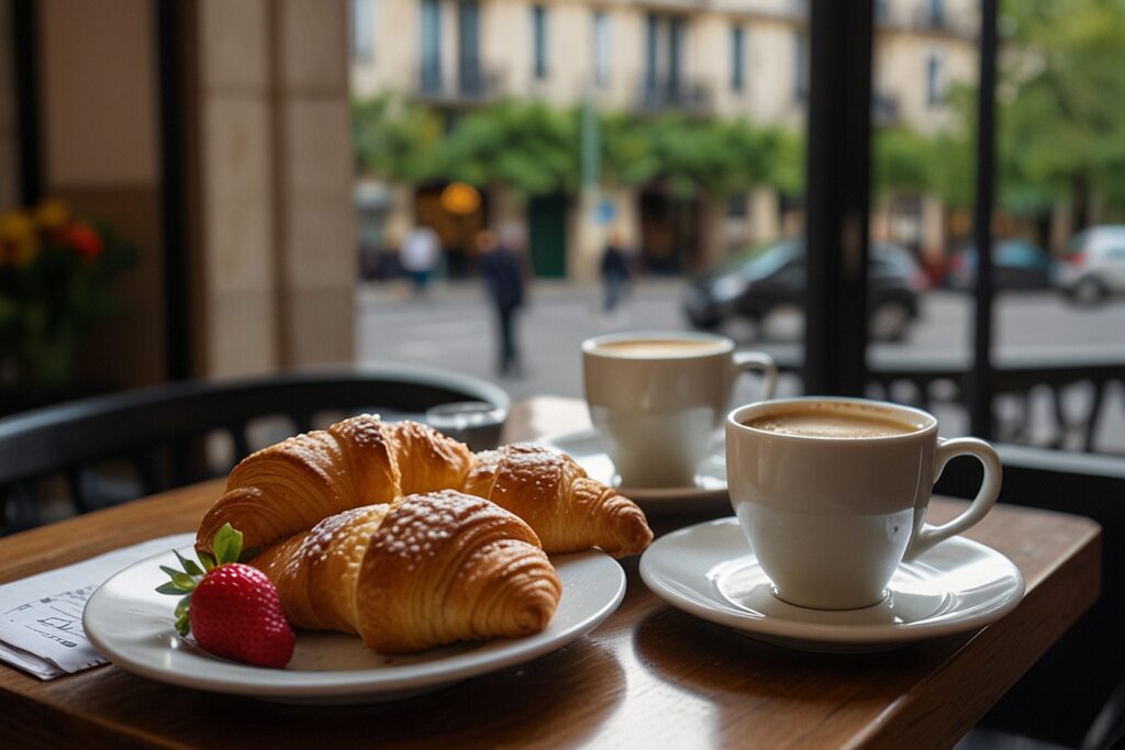 Two cups of coffee and a plate with three vegan croissants and a strawberry sit on a caf&eacute; table by a window overlooking a street scene.