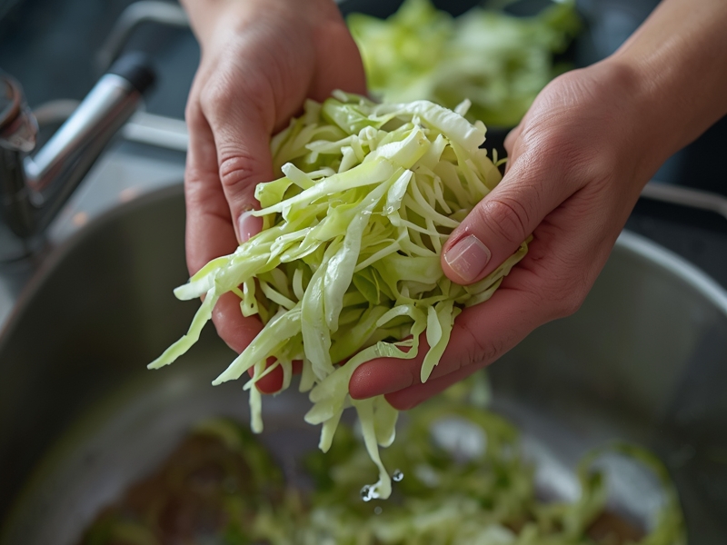 Hands squeezing excess moisture from salted cabbage for egg roll filling