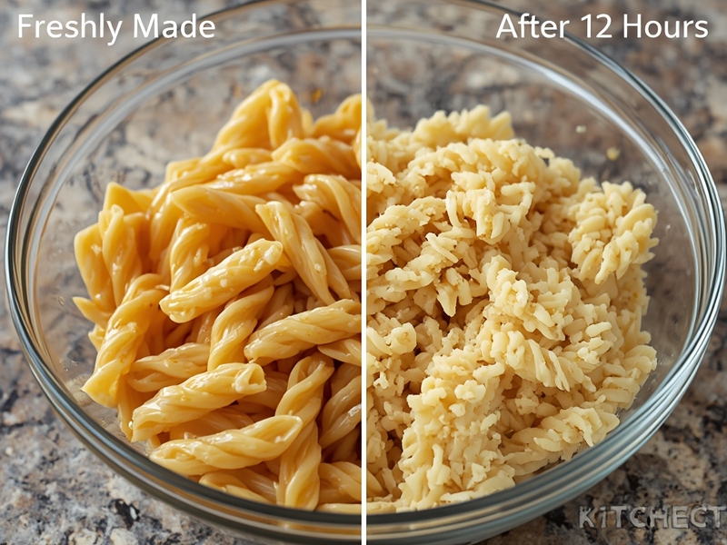 Macaroni salad comparison showing freshly dressed pasta versus salad after 12 hours of refrigeration
