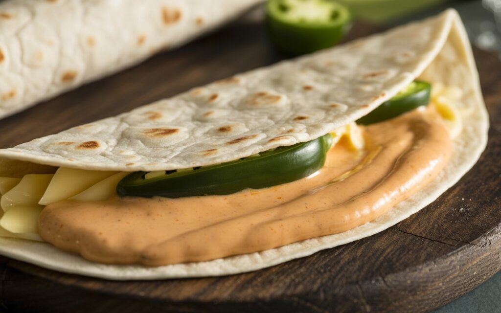 A flour tortilla folded in half, filled with cheese slices, Taco Bell Quesadilla Sauce, and sliced jalape&ntilde;os, displayed on a wooden surface.