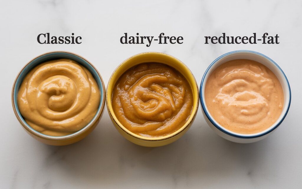 Three bowls of cheese sauce&mdash;classic, dairy-free, and reduced-fat&mdash;are shown on a white surface, inspired by Taco Bell Quesadilla Sauce.