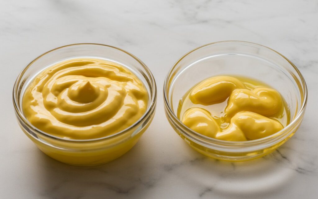 Two glass bowls on a white surface: the left bowl contains thick, smooth yellow Taco Bell Quesadilla Sauce, while the right bowl holds separated, oily mayonnaise.