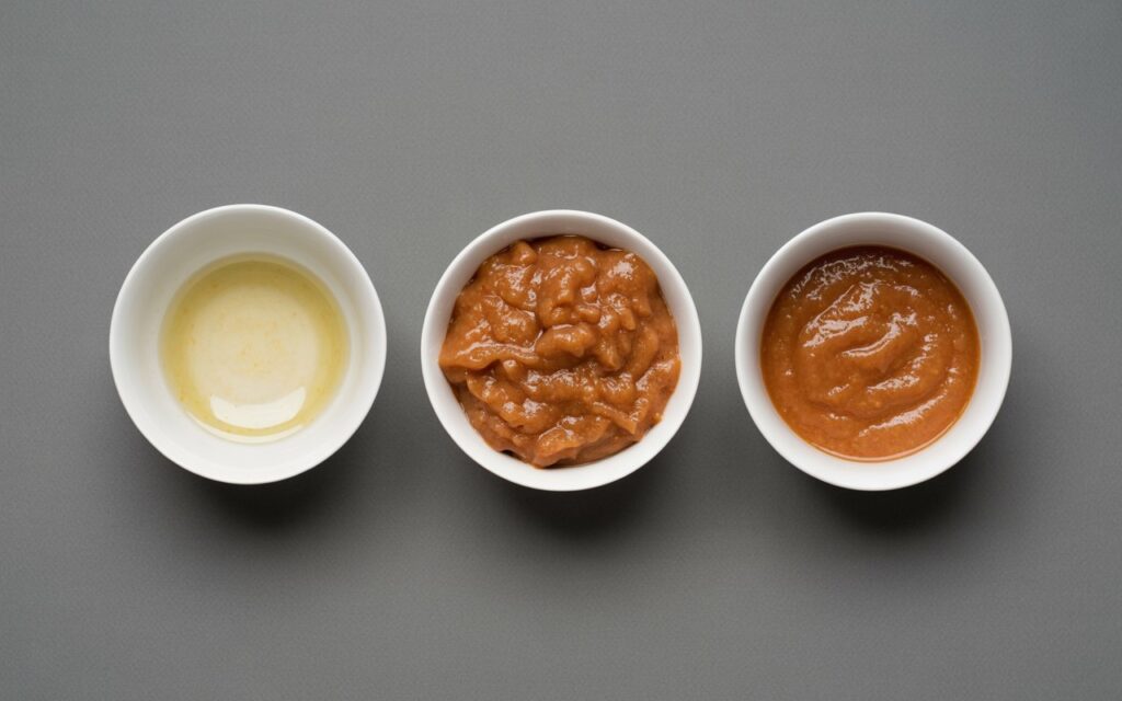 Three white bowls on a gray surface, each containing a different beige to brown puree or sauce with varying textures, including one inspired by Taco Bell Quesadilla Sauce.