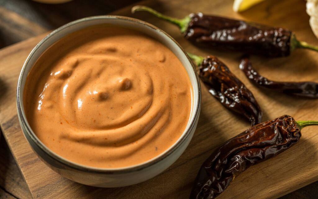 A bowl of creamy, reddish-brown Taco Bell Quesadilla Sauce sits on a wooden surface next to several dried chili peppers.