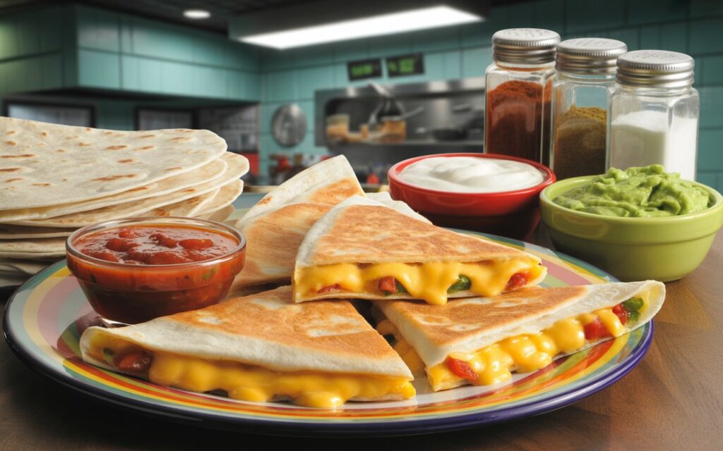 A plate of cheese quesadilla slices with salsa, sour cream, guacamole, stacked tortillas, and a side of Taco Bell Quesadilla Sauce, set on a counter with seasonings in a restaurant kitchen.