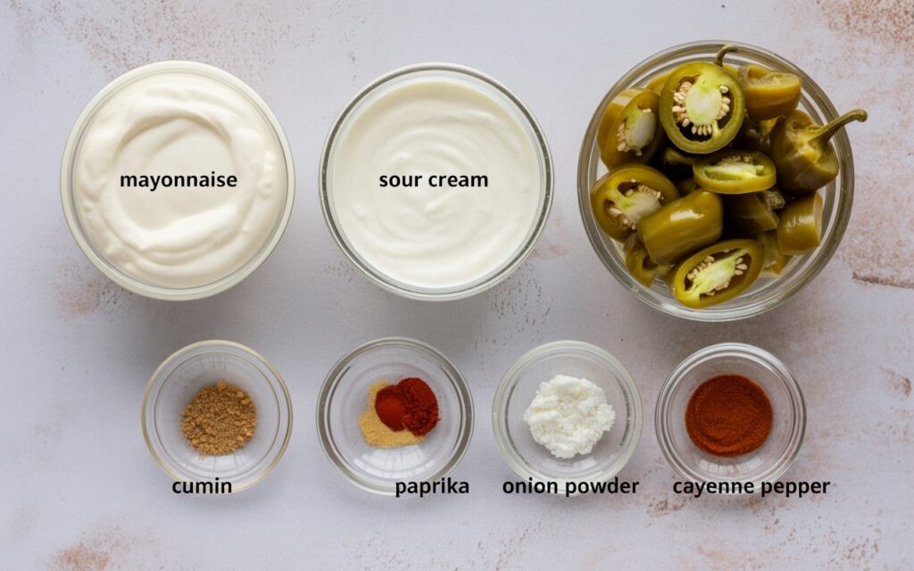 Bowls containing mayonnaise, sour cream, sliced pickled jalape&ntilde;os, cumin, paprika, onion powder, and cayenne pepper are arranged on a light surface&mdash;perfect for crafting your own Taco Bell Quesadilla Sauce.