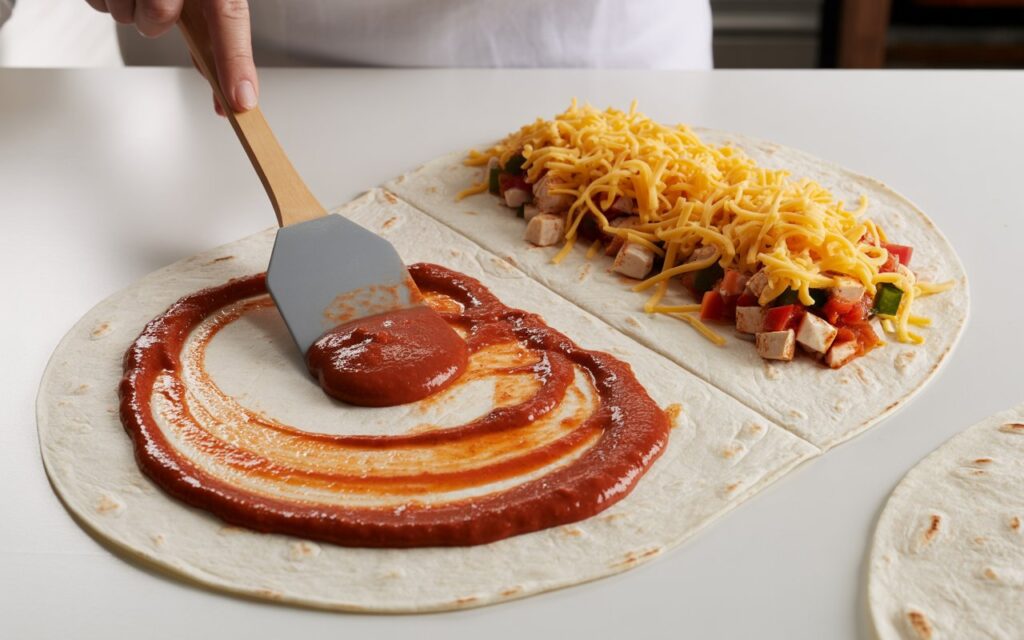 A person spreads Taco Bell Quesadilla Sauce on one tortilla while another tortilla is topped with cheese, chicken, and vegetables on a white surface.
