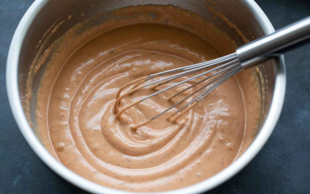 A metal whisk in a stainless steel bowl mixes a thick, light brown batter or sauce inspired by Taco Bell Quesadilla Sauce.