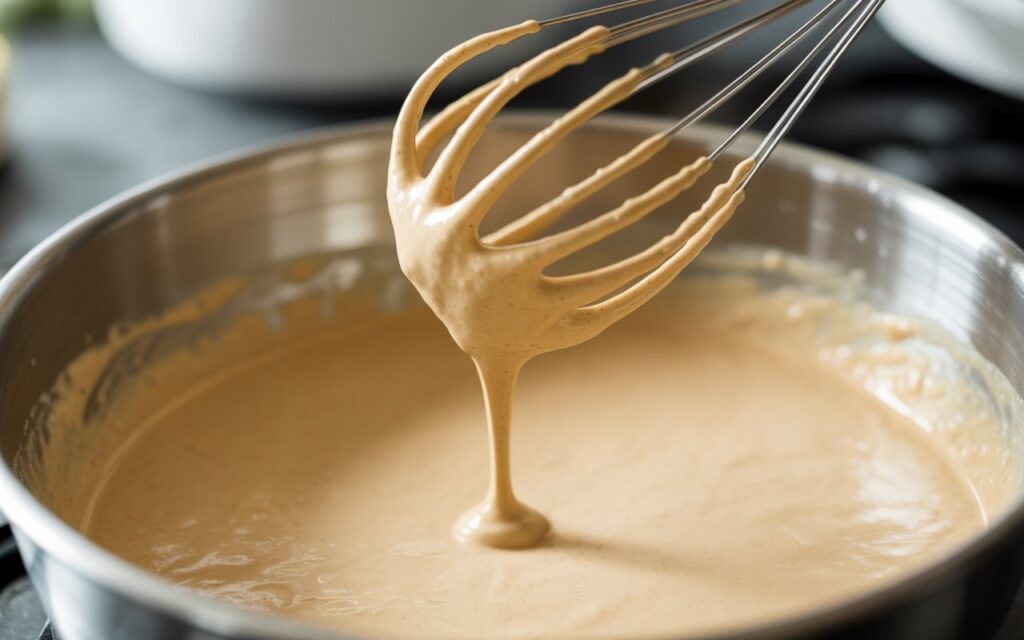A metal whisk lifts thick, light brown batter from a stainless steel mixing bowl, resembling the creamy texture of Taco Bell Quesadilla Sauce.