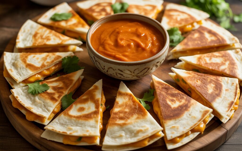 Sliced quesadillas arranged in a circle around a bowl of Taco Bell Quesadilla Sauce on a wooden board, garnished with fresh cilantro leaves.
