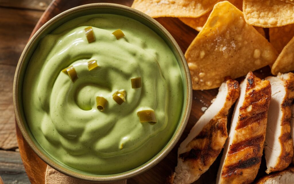A bowl of creamy green dip made with Taco Bell Quesadilla Sauce, topped with sliced jalape&ntilde;os, served alongside tortilla chips and grilled chicken strips on a wooden surface.