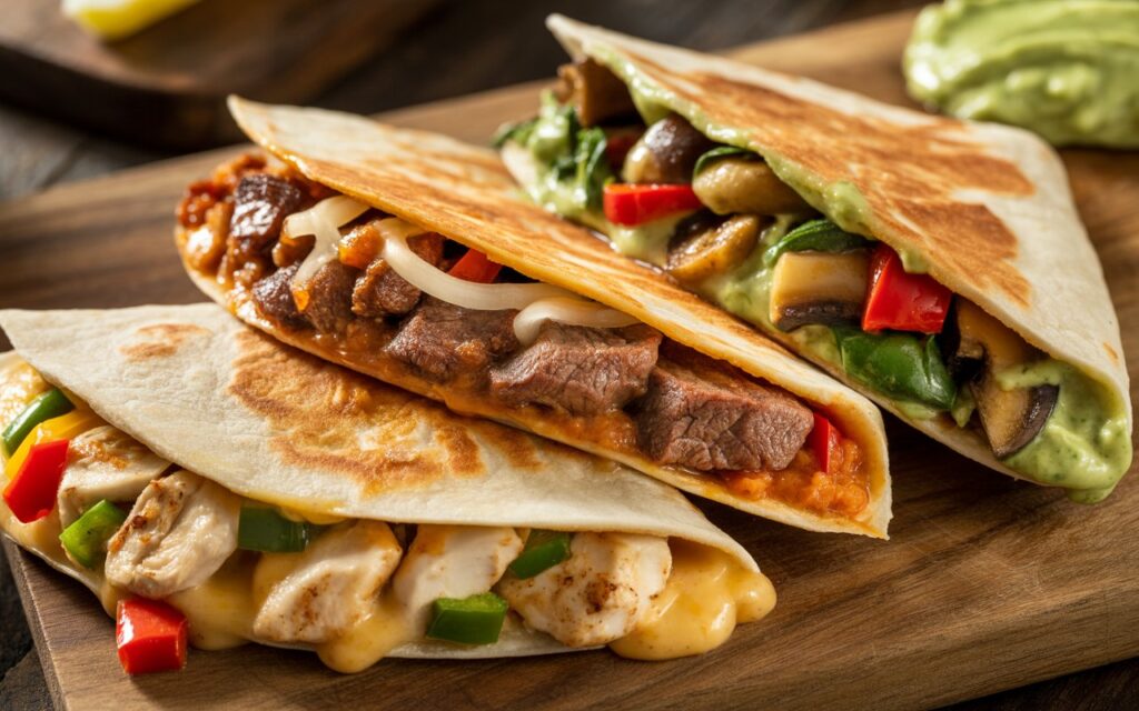 Three grilled quesadillas filled with chicken and cheese, beef and beans, and grilled vegetables with guacamole, served on a wooden board and drizzled with Taco Bell Quesadilla Sauce.