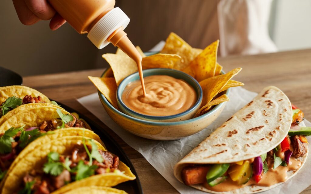 A hand squeezes Taco Bell Quesadilla Sauce into a bowl of dip surrounded by tortilla chips, with tacos and a wrap filled with vegetables and meat nearby.