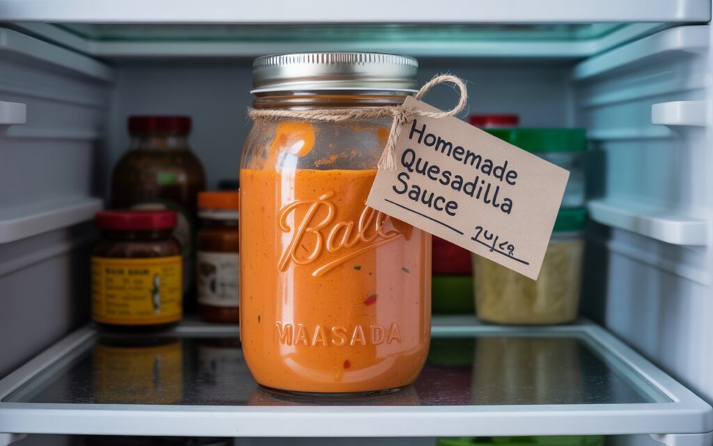 A labeled jar of homemade Taco Bell Quesadilla Sauce sits on a refrigerator shelf with other jars and containers in the background.