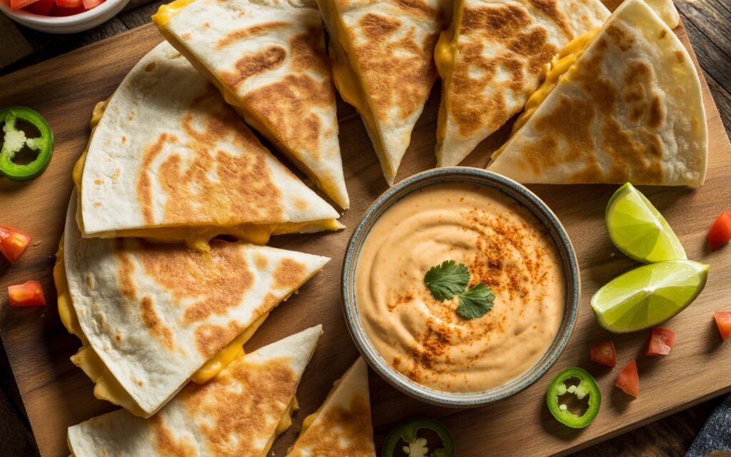 Sliced cheese quesadilla arranged around a bowl of Taco Bell Quesadilla Sauce, garnished with cilantro, with lime wedges, jalape&ntilde;o slices, and diced tomatoes on a wooden board.