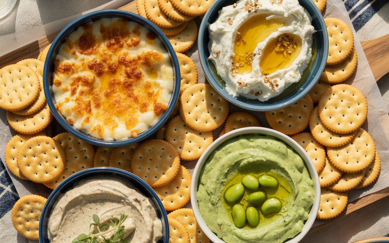 A wooden platter with round crackers, perfect for a Ritz Cracker Dip, and four dips: baked cheese, Greek yogurt with olive oil, avocado dip with edamame, and herbed hummus.